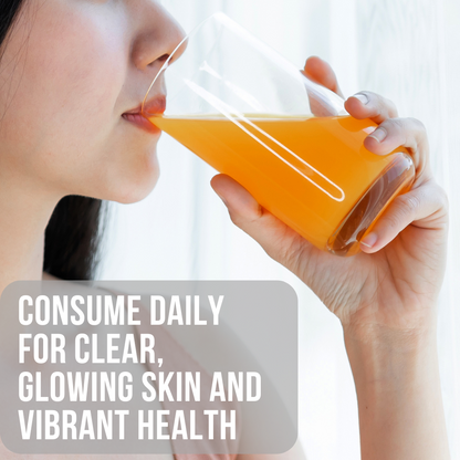 Woman drinking glutathione effervescent beverage for clear, glowing skin and overall wellness.