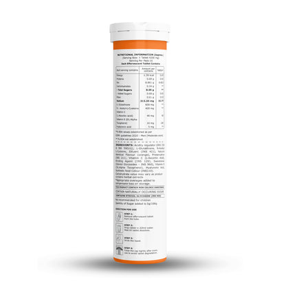 Nutritional information and ingredient panel for Pure Nutrition Glutathione 600mg effervescent tablets with Vitamin C, NAC and serving details.