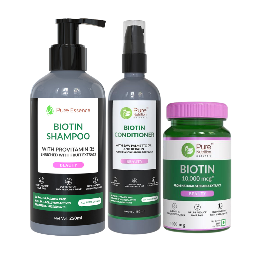 Complete Biotin Hair Care Solution Pack - Shampoo, Conditioner, and Biotin Tablets with Ayurvedic Extracts - 60 Tablets | Supports Healthy Hair Growth