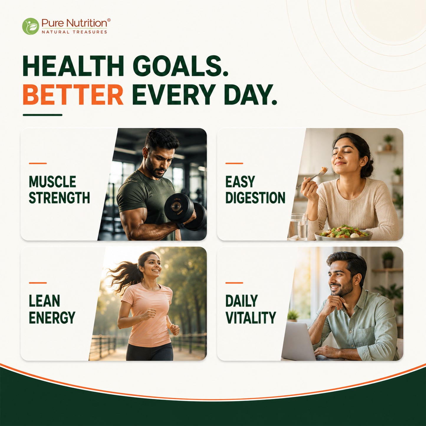 Lifestyle images showing individuals exercising, eating, and working to illustrate muscle strength and easy digestion.