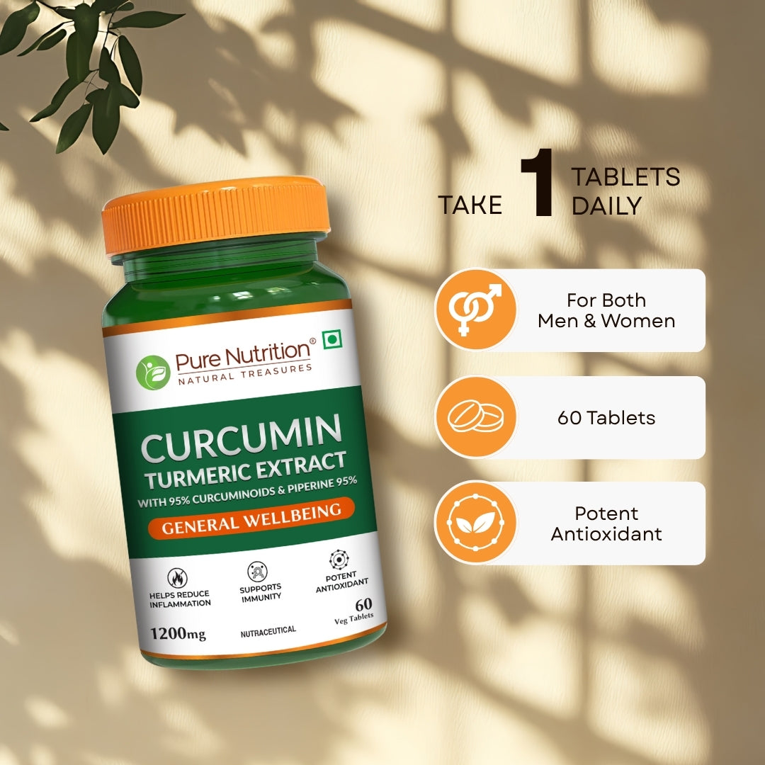 Curcumin turmeric extract tablets with daily usage instructions for men and women to support overall health.