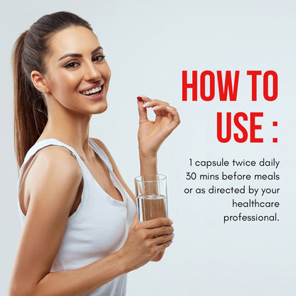 Woman holding an Apple Cider Vinegar capsule with dosage instructions to take one capsule twice daily before meals.