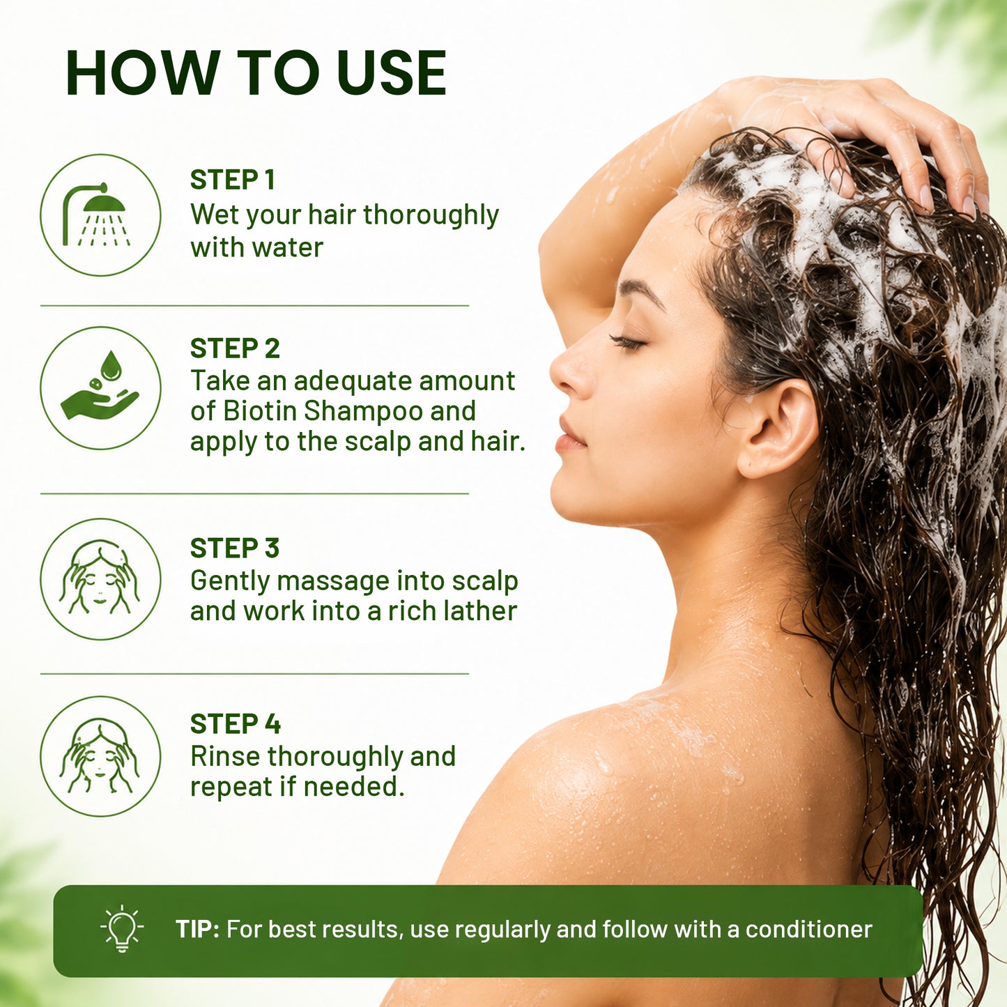 Step-by-step guide showing how to use biotin shampoo for effective scalp cleansing, rich lather, and healthy hair care.