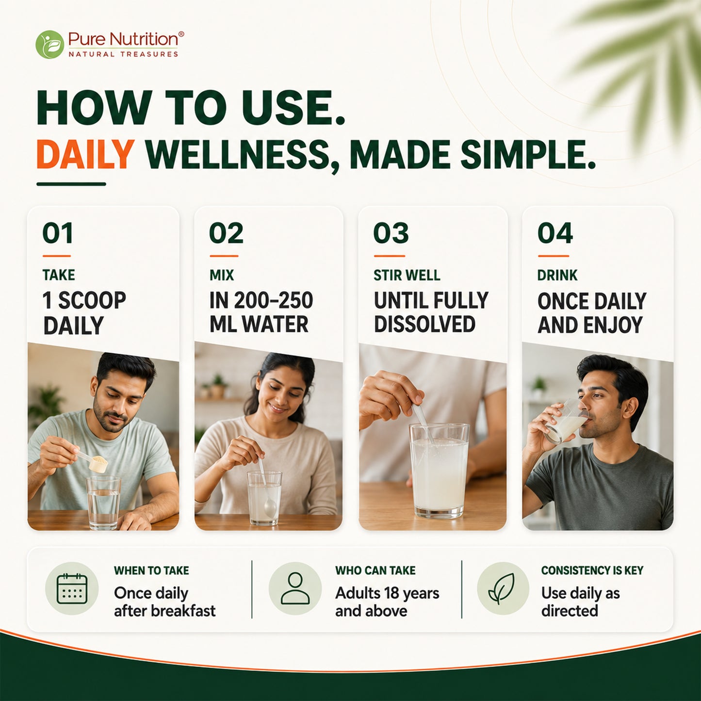 Step-by-step guide on how to consume Pure Nutrition pea protein daily with water after breakfast for best results.