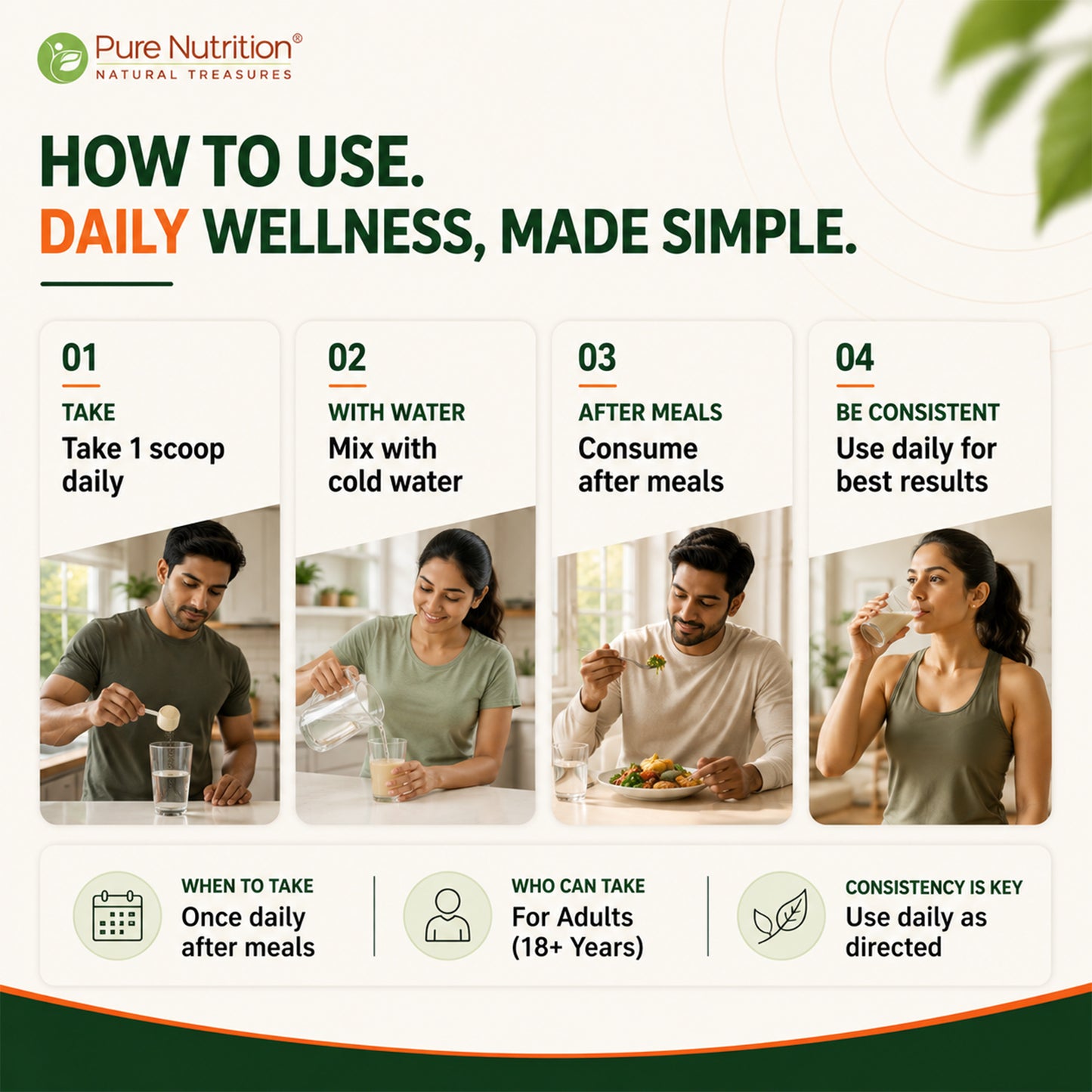 Step-by-step guide on how to consume Pure Nutrition soy protein daily with cold water after meals for best results.