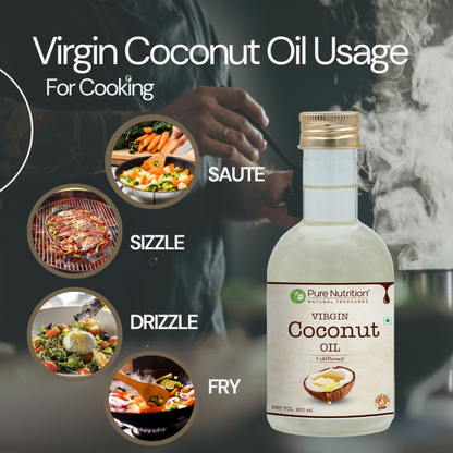 Virgin coconut oil for cooking, suitable for sautéing, frying, drizzling, and everyday healthy meal preparation.