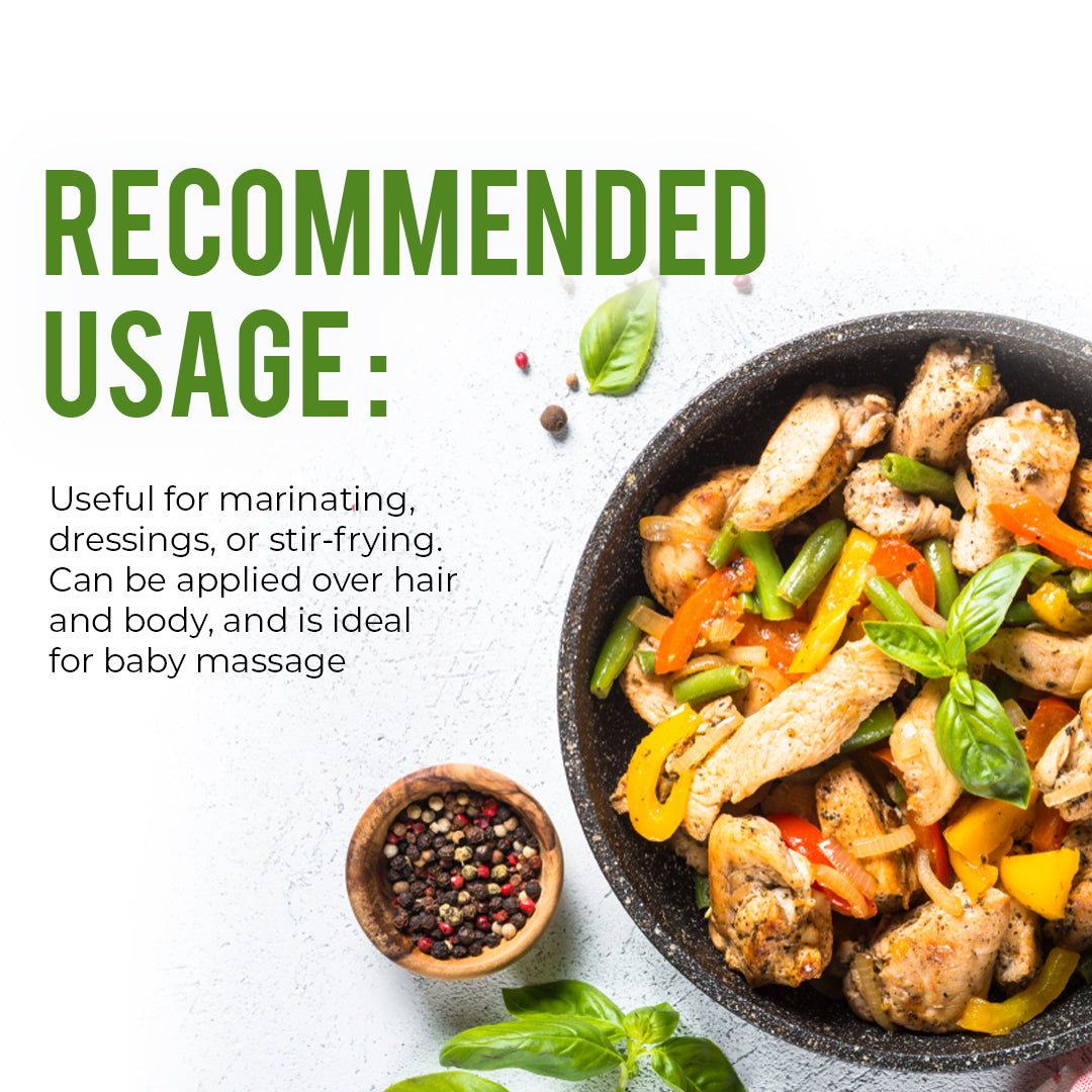 Recommended uses of virgin olive oil for marinating, salad dressings, stir-frying, hair care, body care, and baby massage.