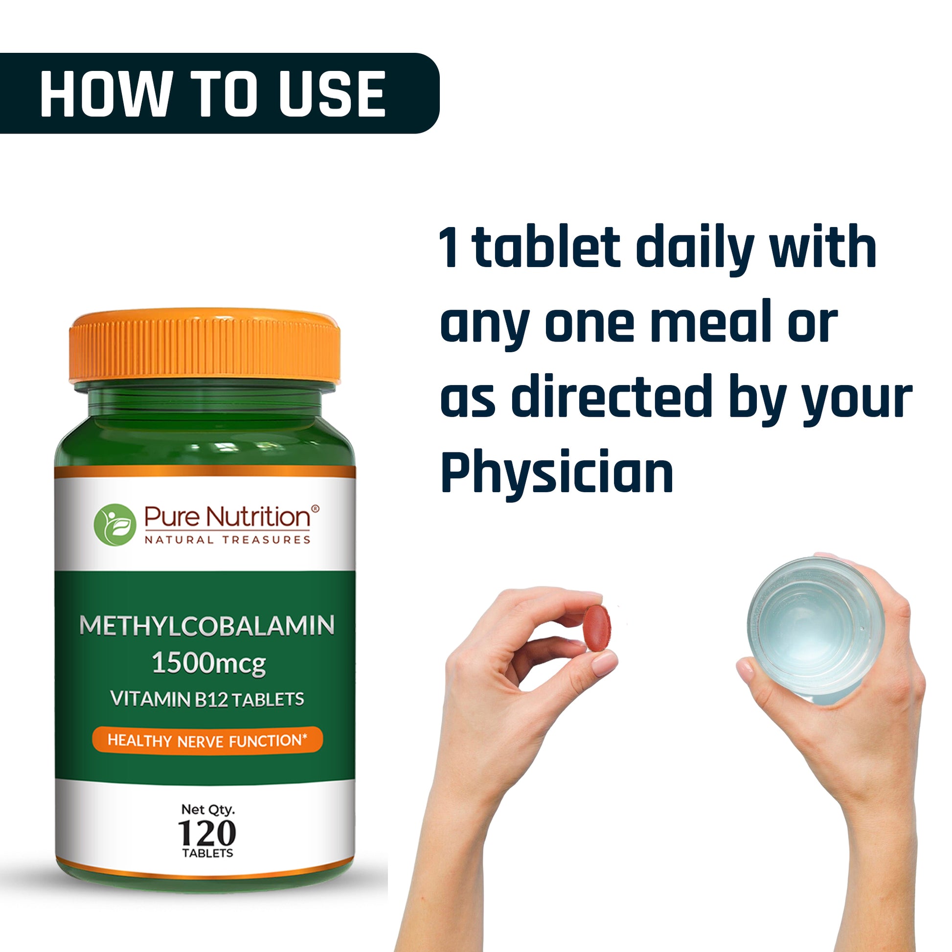 Instructions to take one Pure Nutrition Vitamin B12 tablet daily with any meal or as directed by a physician.