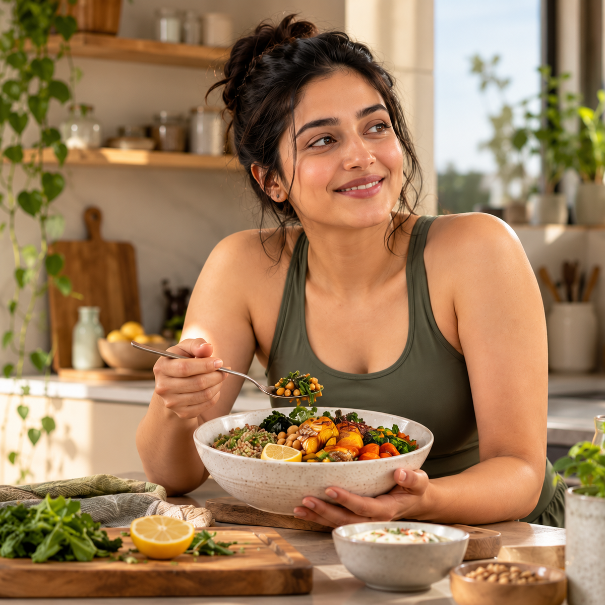 Indian woman enjoying a healthy protein-rich meal in a sunlit kitchen