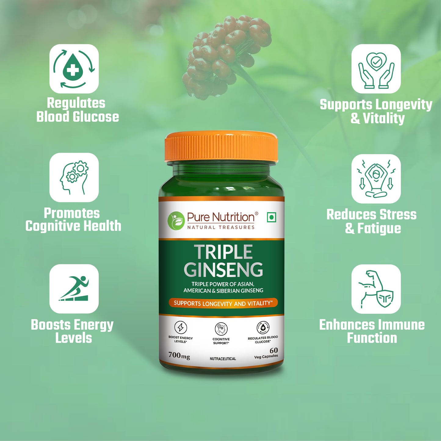 Triple Ginseng Complex - 60 Veg Capsules | Korean, American & Siberian Ginseng Blend for Energy & Vitality