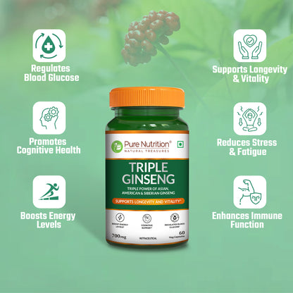 Triple Ginseng Complex - 60 Veg Capsules | Korean, American & Siberian Ginseng Blend for Energy & Vitality