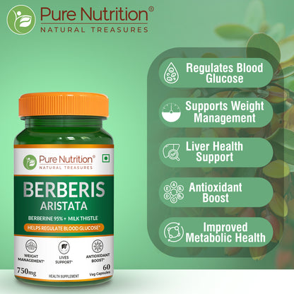 Berberis Aristata (60 Veg Capsules) with Berberine 95% + Milk Thistle - Liver Support, Antioxidant Boost, and Weight Management Supplement