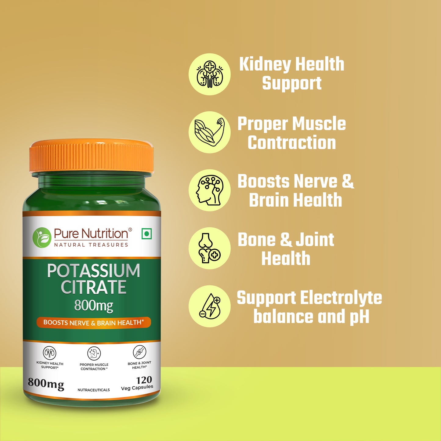 Potassium Citrate 800mg - 120 Veg Capsules, Support Nerve Muscle, Joint, and Bone Health, Support Kidney & Bone Health