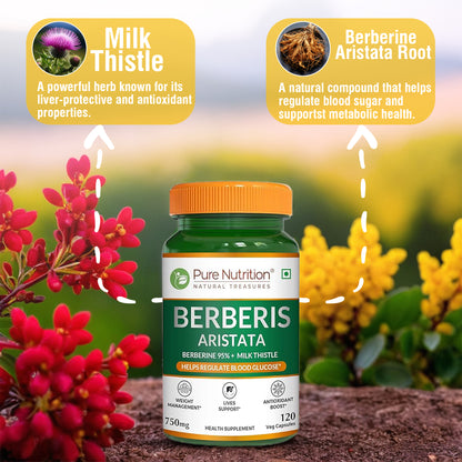 Berberis Aristata 120 Veg Capsules | Berberine 95% + Milk Thistle - Liver Support, Antioxidant Boost, and Weight Management Supplement