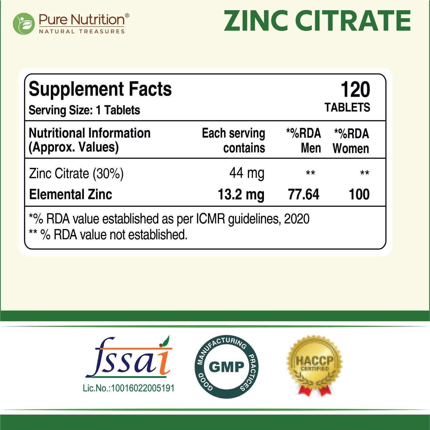 Pure Nutrition Zinc Citrate containing 120 vegetarian tablets