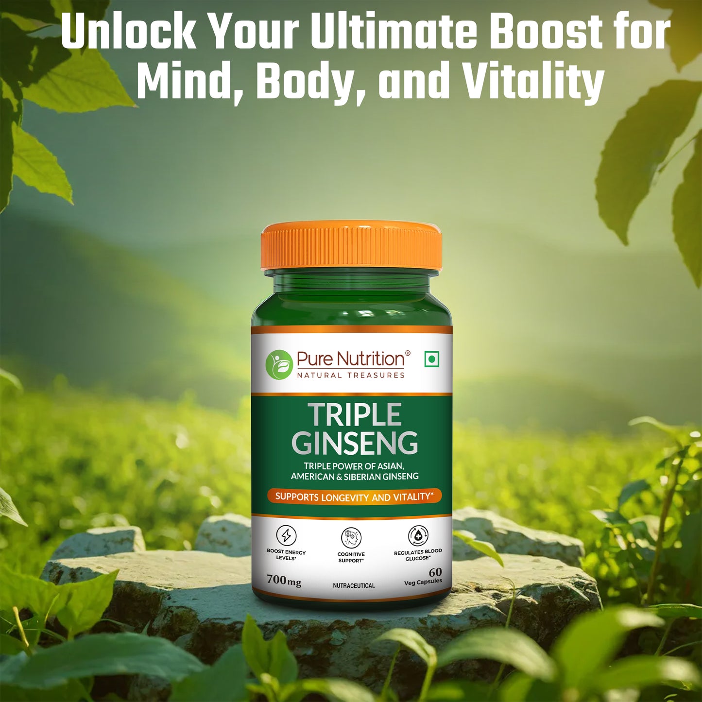 Triple Ginseng Complex - 60 Veg Capsules | Korean, American & Siberian Ginseng Blend for Energy & Vitality