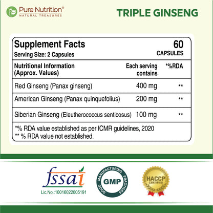 Triple Ginseng Complex - 60 Veg Capsules | Korean, American & Siberian Ginseng Blend for Energy & Vitality