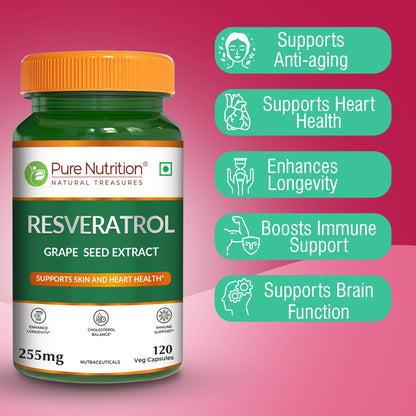 Resveratrol 255mg - 120 Veg Capsules | Grape Seed Extract | Boosts Immunity | Powerful Antioxidant for Anti-Aging