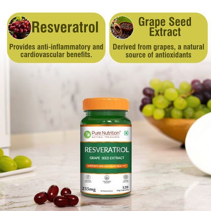 Resveratrol 255mg - 120 Veg Capsules | Grape Seed Extract | Boosts Immunity | Powerful Antioxidant for Anti-Aging