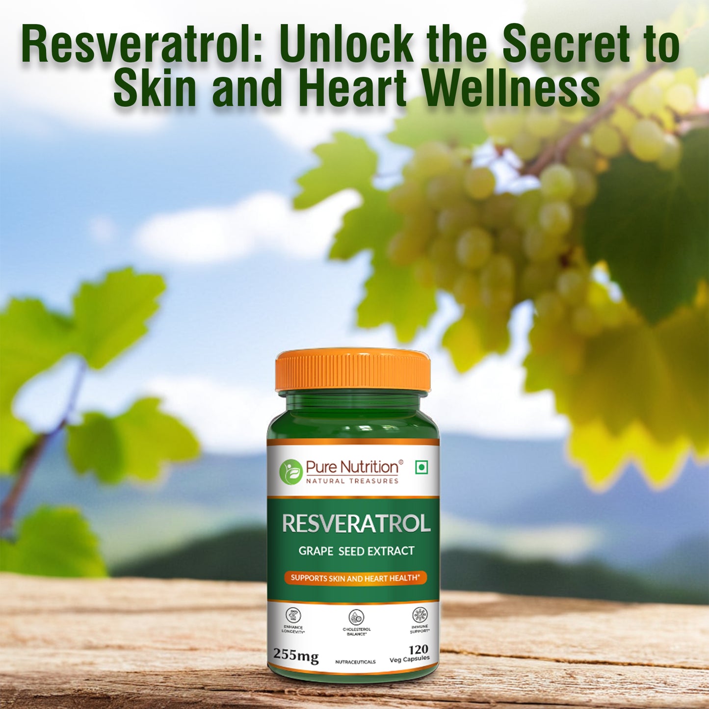 Resveratrol 255mg - 120 Veg Capsules | Grape Seed Extract | Boosts Immunity | Powerful Antioxidant for Anti-Aging