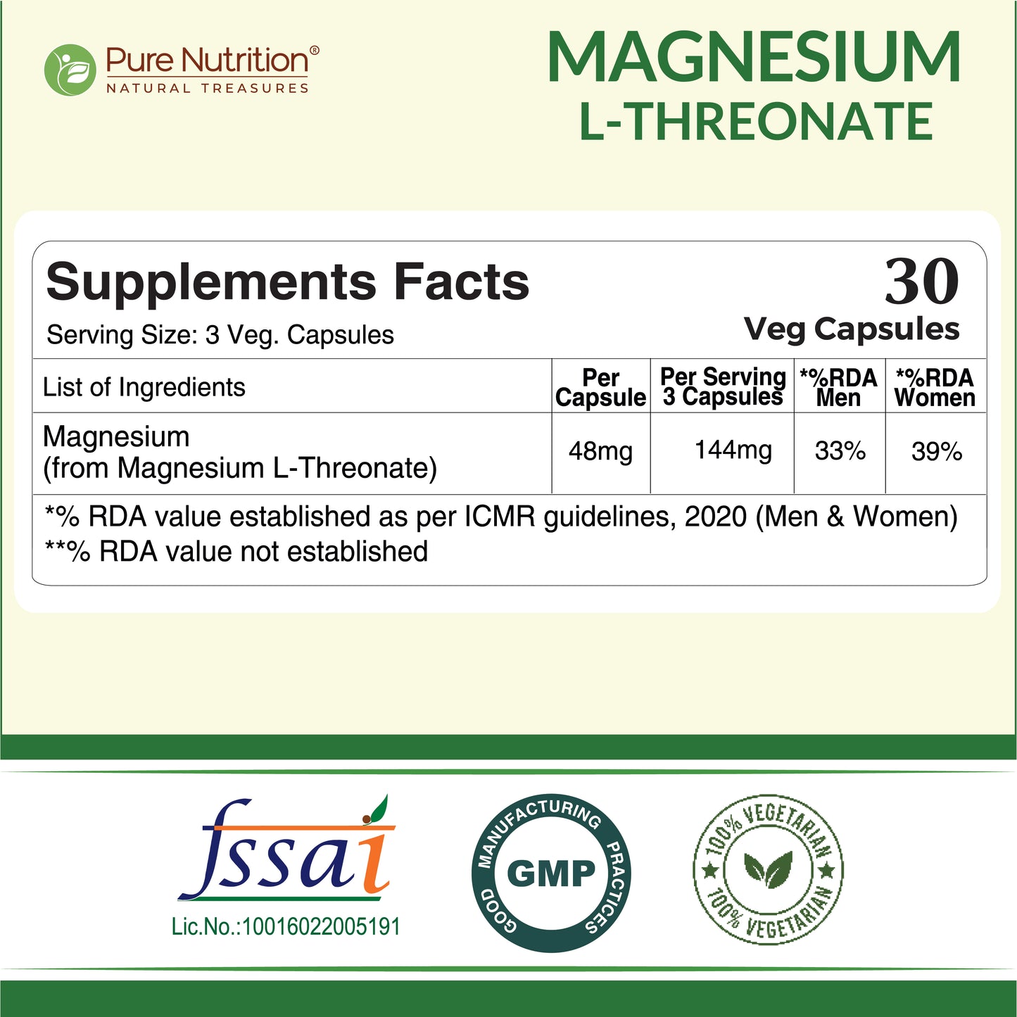 Magnesium L-Threonate Supplement - 30 Veg Capsules | Supports Brain Function, Memory & Stress Relief