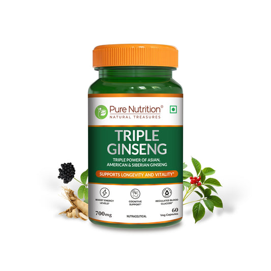 Triple Ginseng Complex - 60 Veg Capsules | Korean, American & Siberian Ginseng Blend for Energy & Vitality