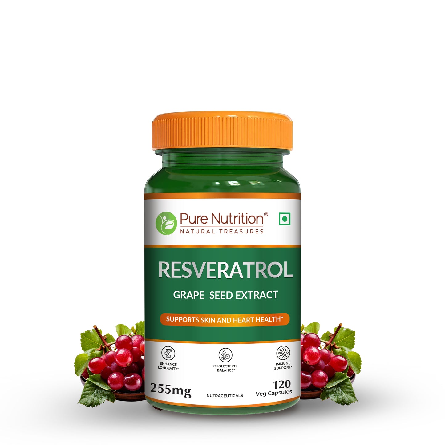 Resveratrol 255mg - 120 Veg Capsules | Grape Seed Extract | Boosts Immunity | Powerful Antioxidant for Anti-Aging