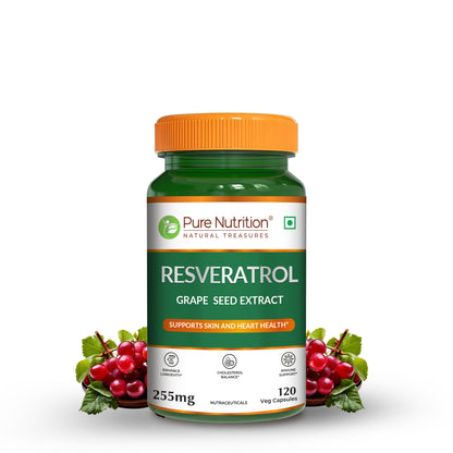 Resveratrol 255mg - 120 Veg Capsules | Grape Seed Extract | Boosts Immunity | Powerful Antioxidant for Anti-Aging