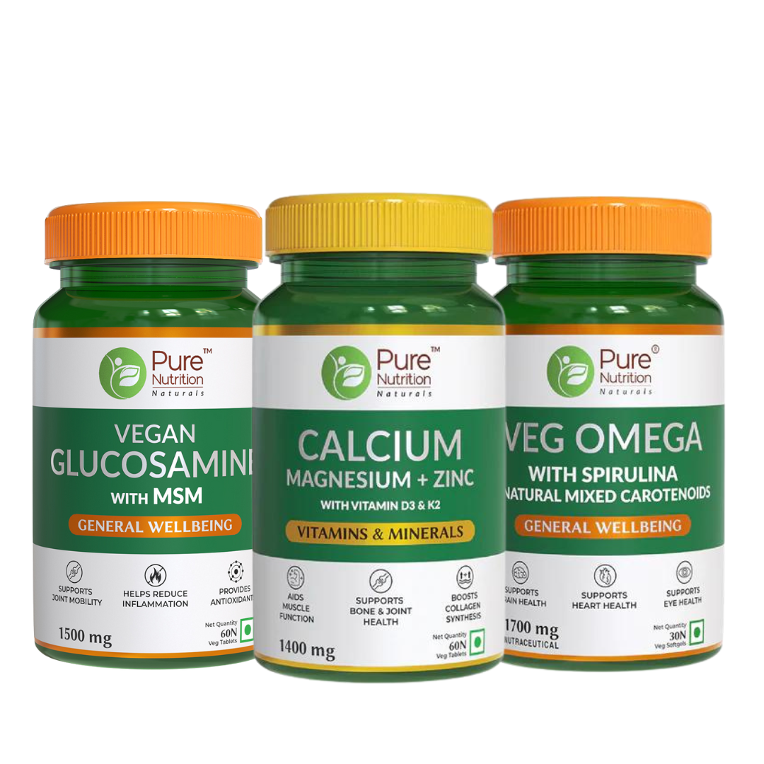 Joint Health Combo: Vegan Glucosamine MSM, Calcium Magnesium Zinc with D3 & K2, DHA Omega 3 |60x2+30 caps