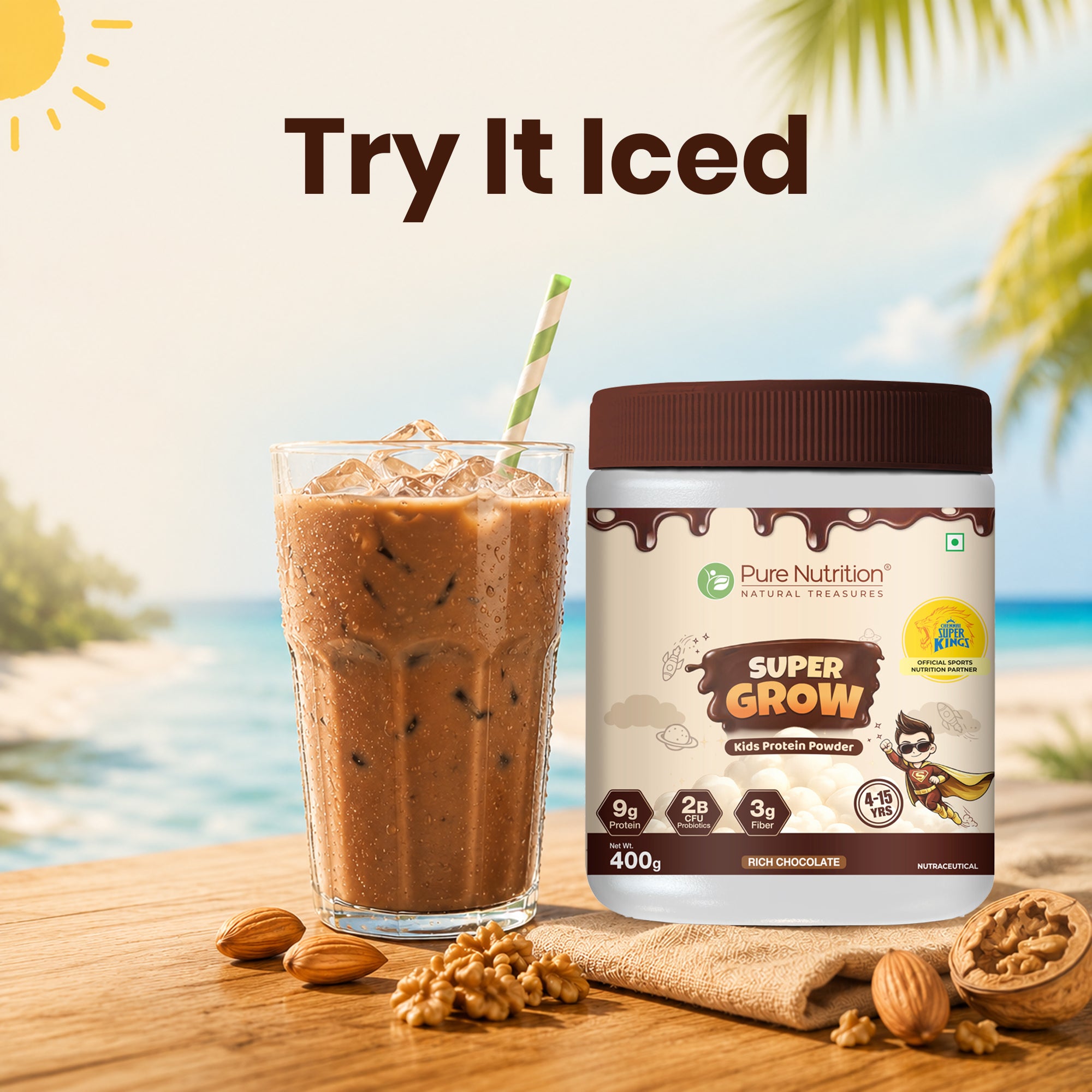 Glass of chocolate protein shake prepared with Super Grow kids protein powder mixed with milk