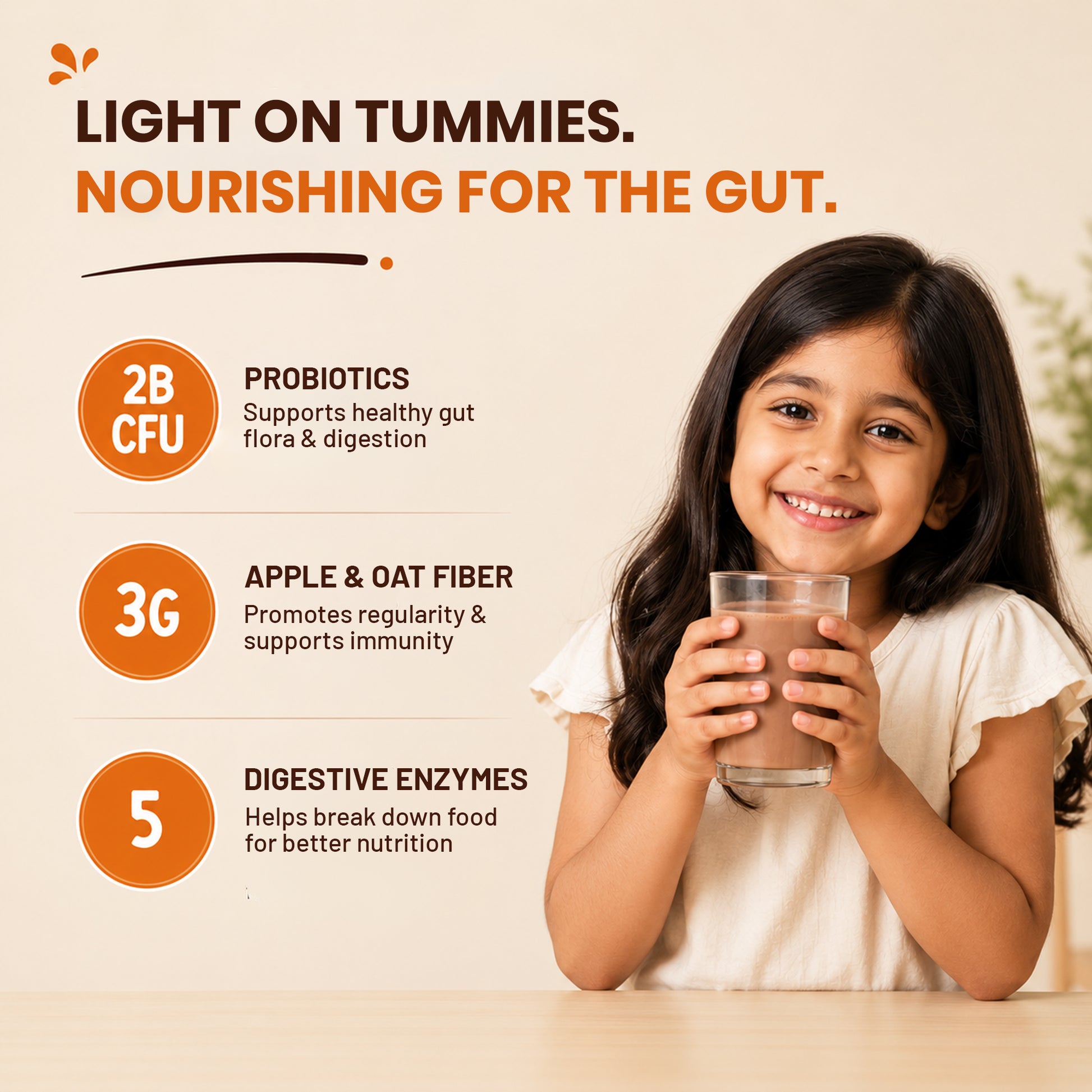 Young girl drinking a chocolate protein shake highlighting probiotics, fiber, and digestive enzymes that support children's gut health.