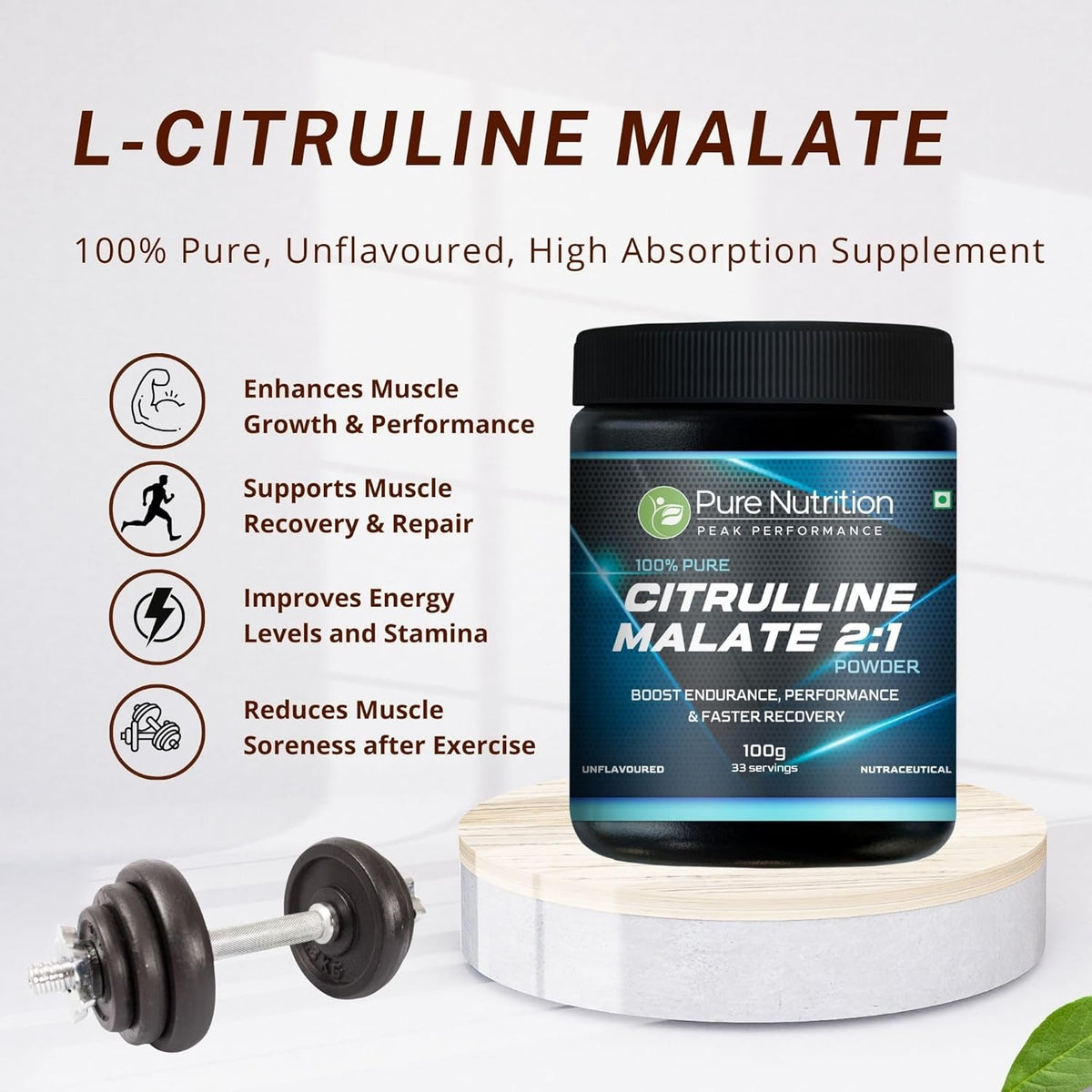 Pure Nutrition Citrulline Malate tub on a stand next to a dumbbell with key benefits listed.