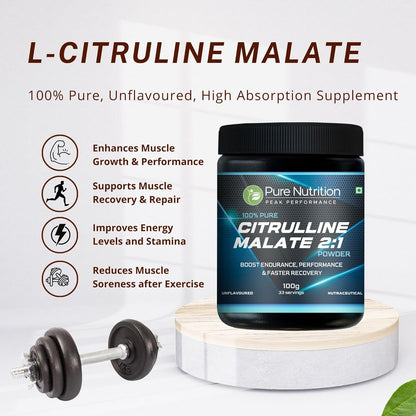 Pure Nutrition Citrulline Malate tub on a stand next to a dumbbell with key benefits listed.