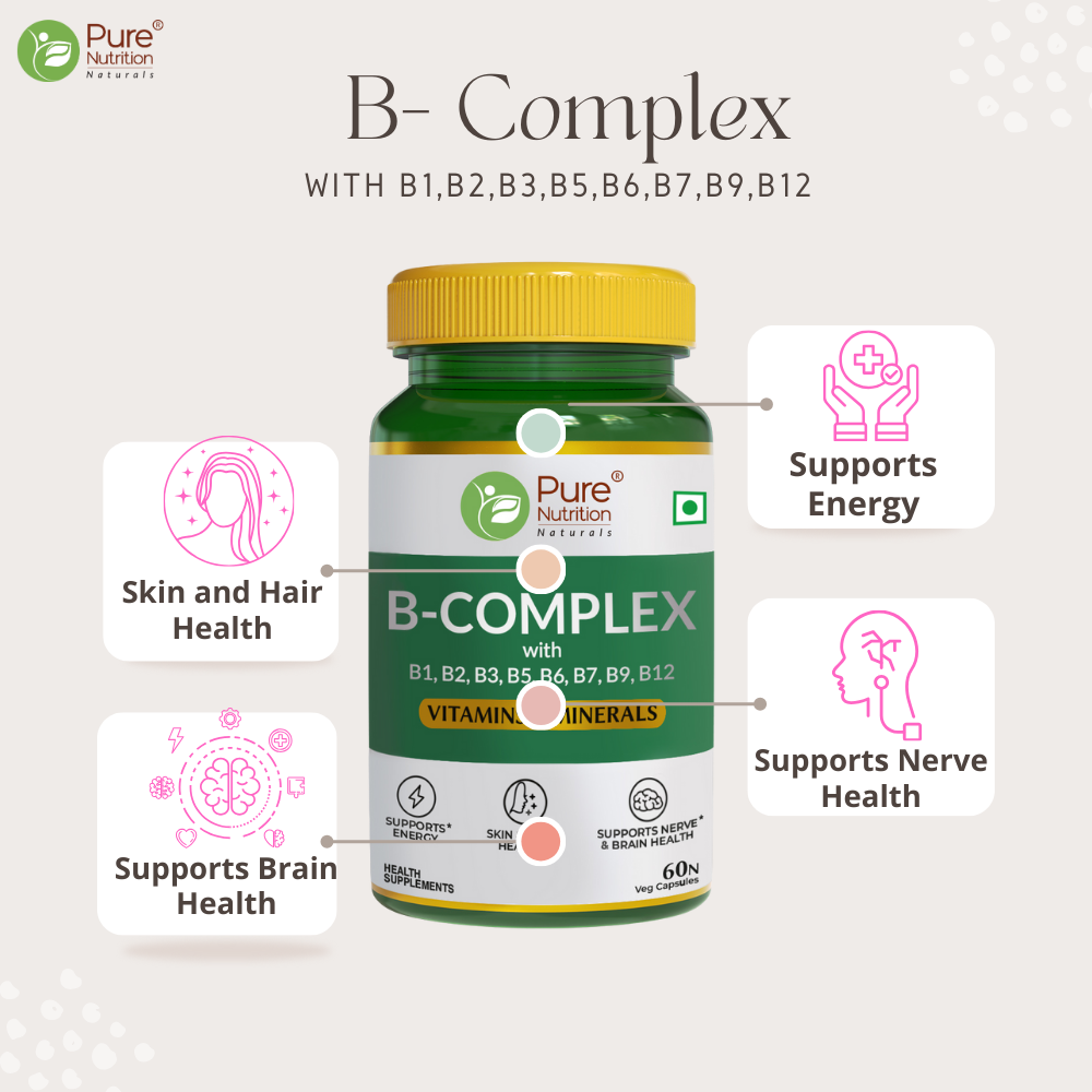 Pure Nutrition B Complex with Essential Vitamins B1, B2, B3, B5, B6, B7, B9, B12 - 60 Capsules