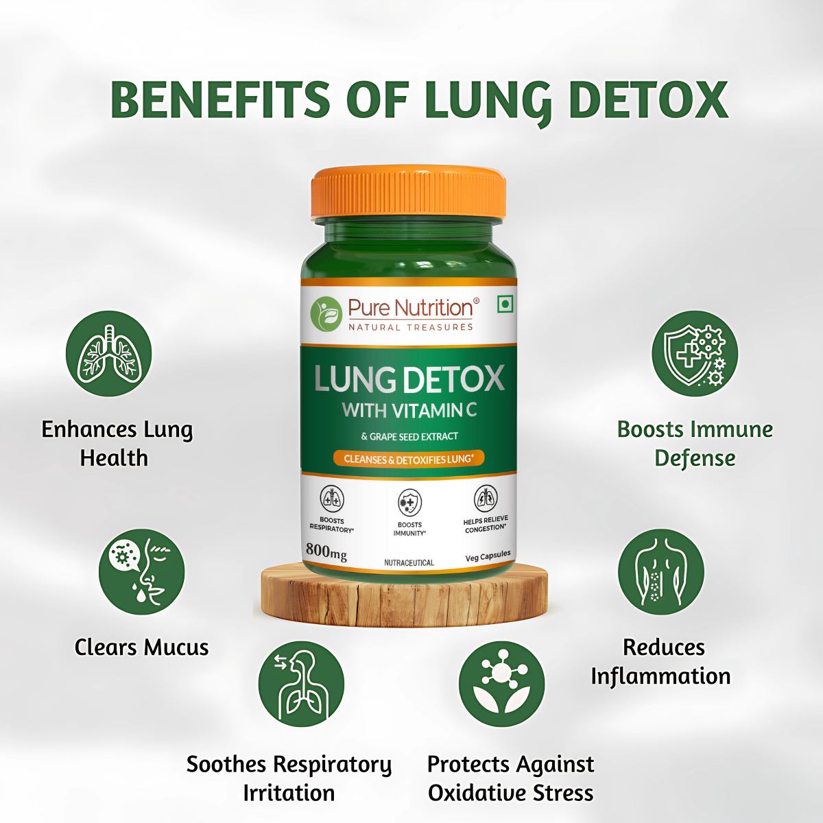 Benefits of Pure Nutrition Lung Detox including enhanced lung health, reduced inflammation, immune support, mucus clearance, respiratory comfort, and antioxidant protection.
