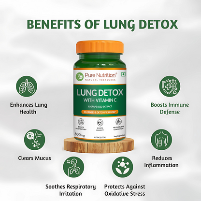 Benefits of Pure Nutrition Lung Detox including enhanced lung health, reduced inflammation, immune support, mucus clearance, respiratory comfort, and antioxidant protection.
