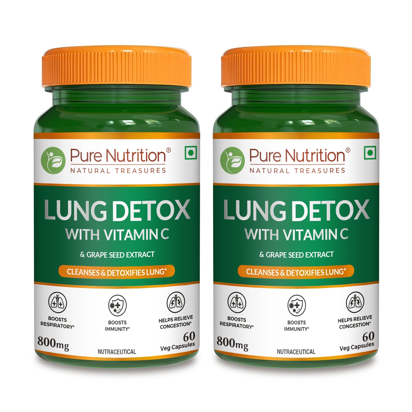 Pack of two Pure Nutrition Lung Detox with Vitamin C and Grape Seed Extract bottles.
