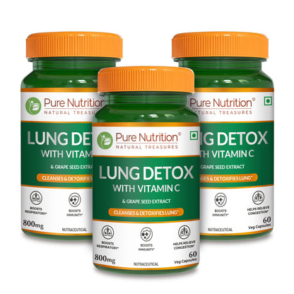 Pack of three Pure Nutrition Lung Detox supplement bottles for long-term respiratory support.
