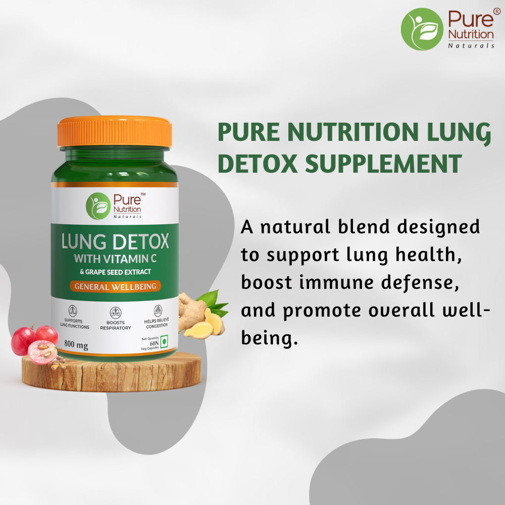 Pure Nutrition Lung Detox overview highlighting its herbal formula for lung health, immune support, and overall respiratory wellness.
