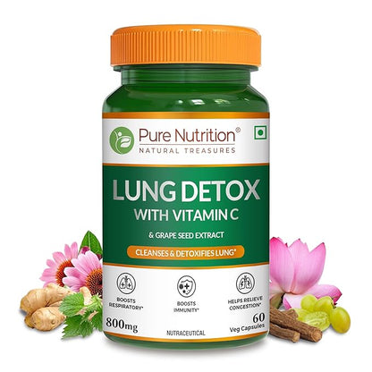 Front view of Pure Nutrition Lung Detox with Vitamin C and Grape Seed Extract, 800 mg, 60 vegetarian capsules for respiratory and immune support.