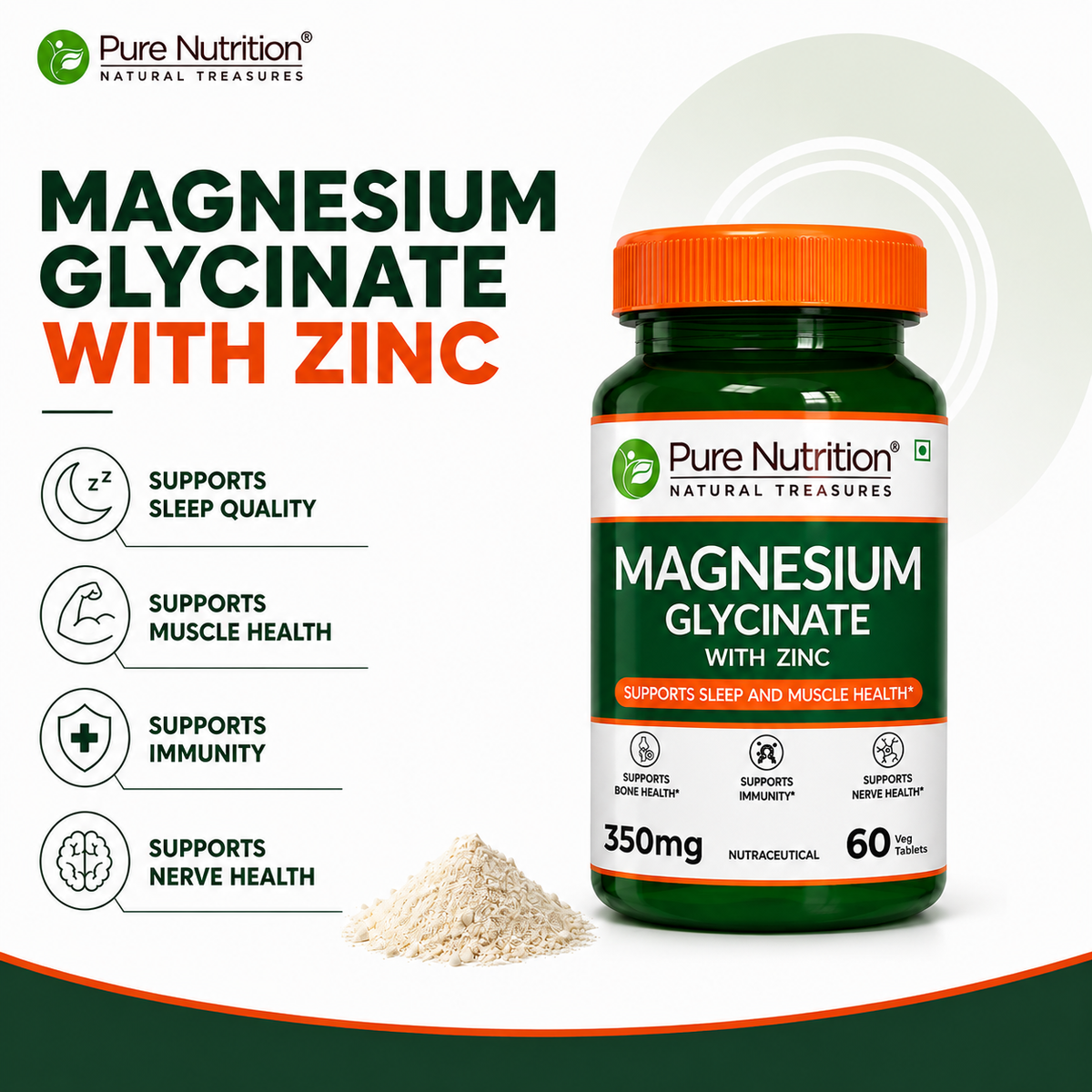 Pure Nutrition Magnesium Glycinate with Zinc showing benefits for sleep quality, muscle health, immunity, and nerve health.