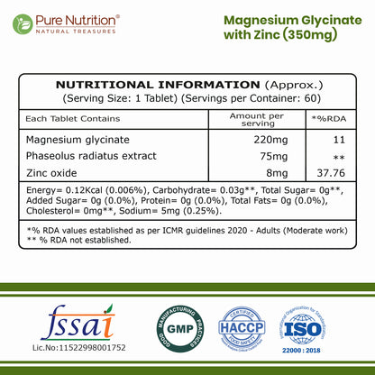Nutritional facts panel for Pure Nutrition Magnesium Glycinate with Zinc showing dosage per serving and certifications including FSSAI, GMP, HACCP, and ISO.