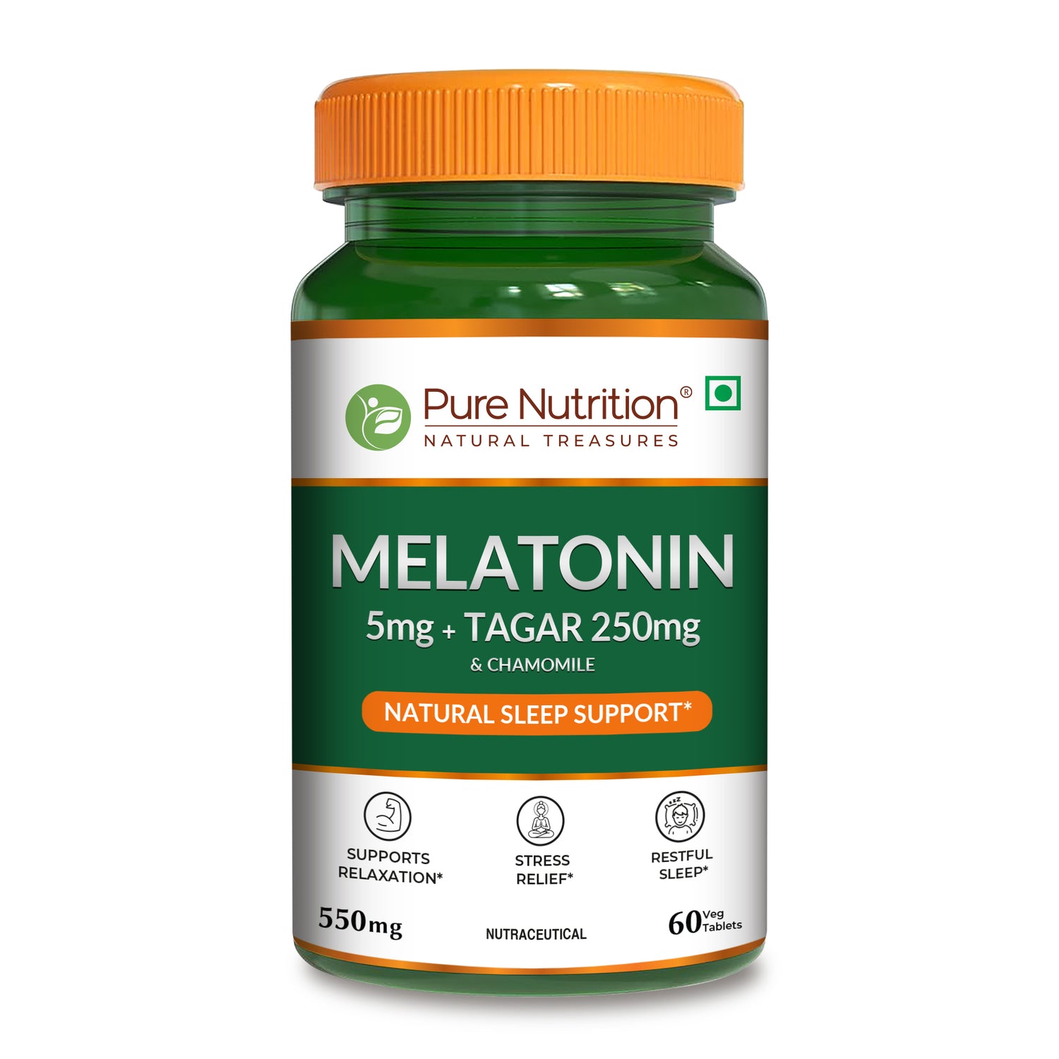 Front view of Pure Nutrition Melatonin 5 mg with Tagar 250 mg and Chamomile tablets for natural sleep support.
