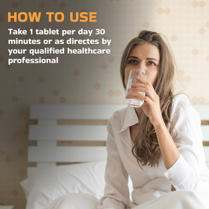 Usage guide recommending one tablet daily about 30 minutes before bedtime or as directed by a qualified healthcare professional.
