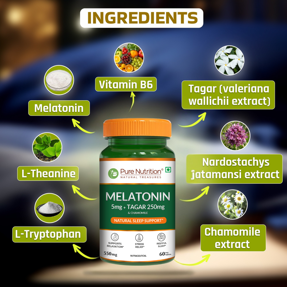 Infographic showing the key ingredients in Pure Nutrition Melatonin, including Melatonin, Tagar, Chamomile, L-Theanine, L-Tryptophan, Vitamin B6, and Nardostachys jatamansi extract.
