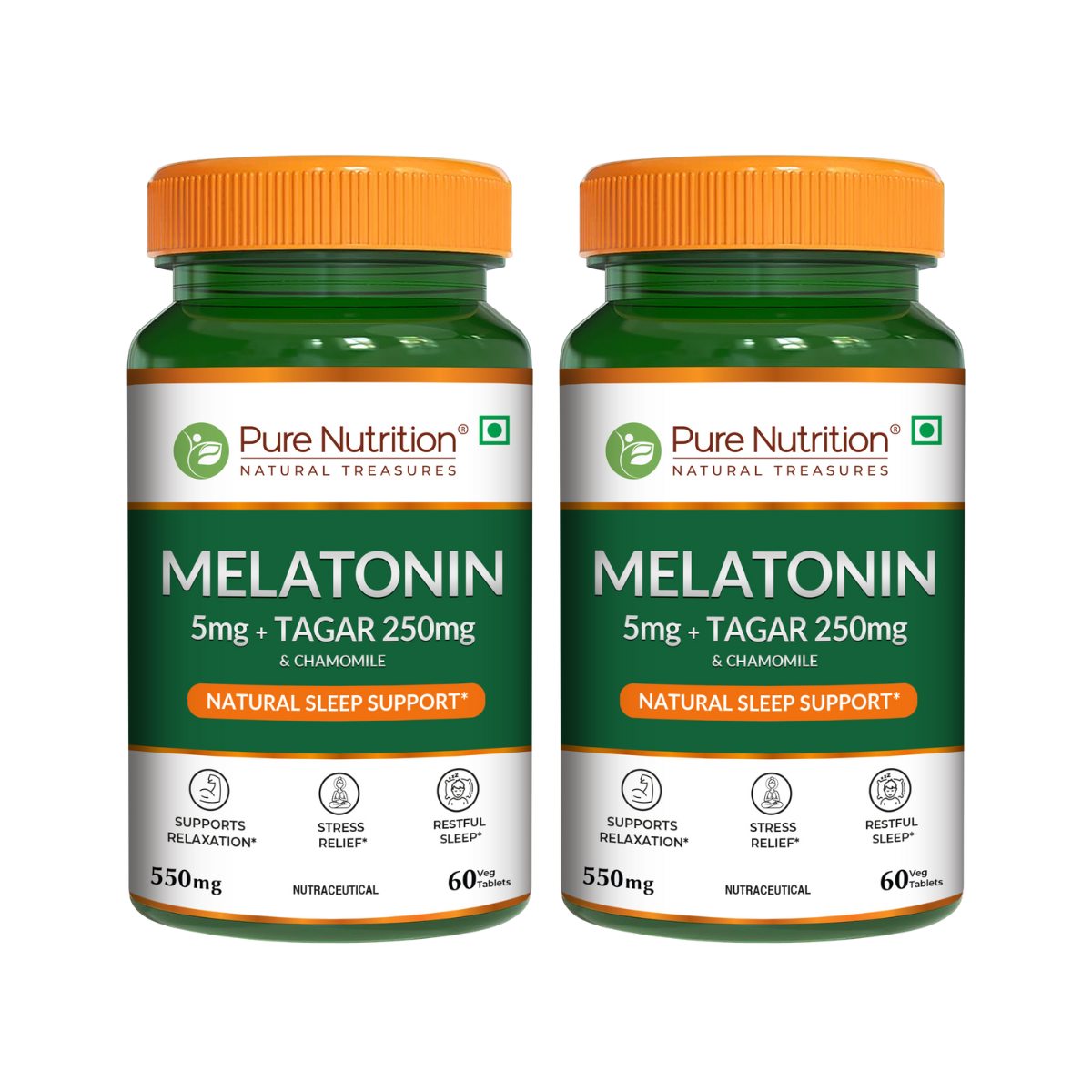 Pack of two Pure Nutrition Melatonin 5 mg with Tagar 250 mg and Chamomile tablets.
