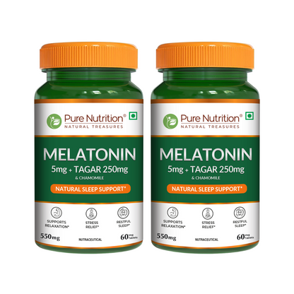 Pack of two Pure Nutrition Melatonin 5 mg with Tagar 250 mg and Chamomile tablets.

