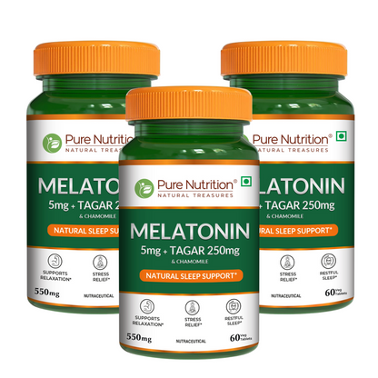 Pack of three Pure Nutrition Melatonin tablets for natural sleep support.
