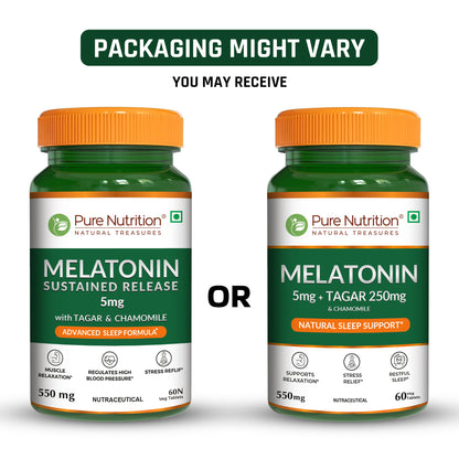 Comparison of Pure Nutrition Melatonin packaging designs showing that product packaging may vary while the formulation remains the same.
