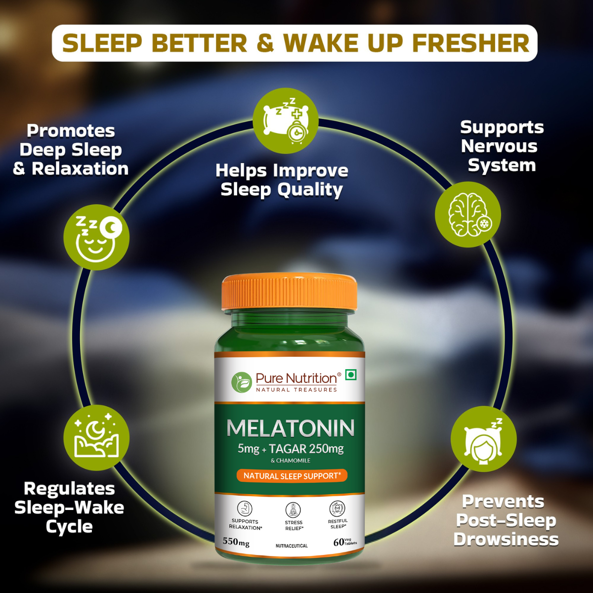 Infographic illustrating the sleep benefits of Pure Nutrition Melatonin, including improved sleep quality, deep relaxation, sleep-wake cycle regulation, nervous system support, and refreshed mornings.
